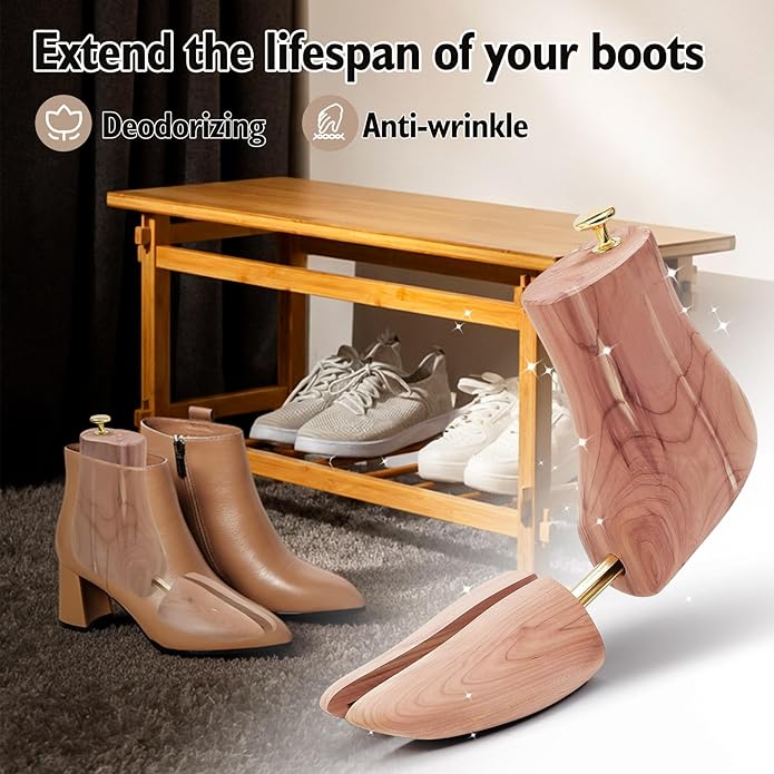 Cedar Wood Boot Trees for Men and Women, Adjustable Shoe Shaper to Maintain Leather Boot Shape, Reduce Creases