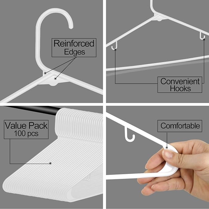 ZenStyle 100 Pack Standard Size White Plastic Hangers for Clothes Lightweight Space Saving Tubular Clothing Hangers (White)