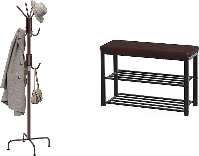 Simple Houseware Standing Coat and Hat Hanger Organizer Rack + Shoe Bench Storage Organizer
