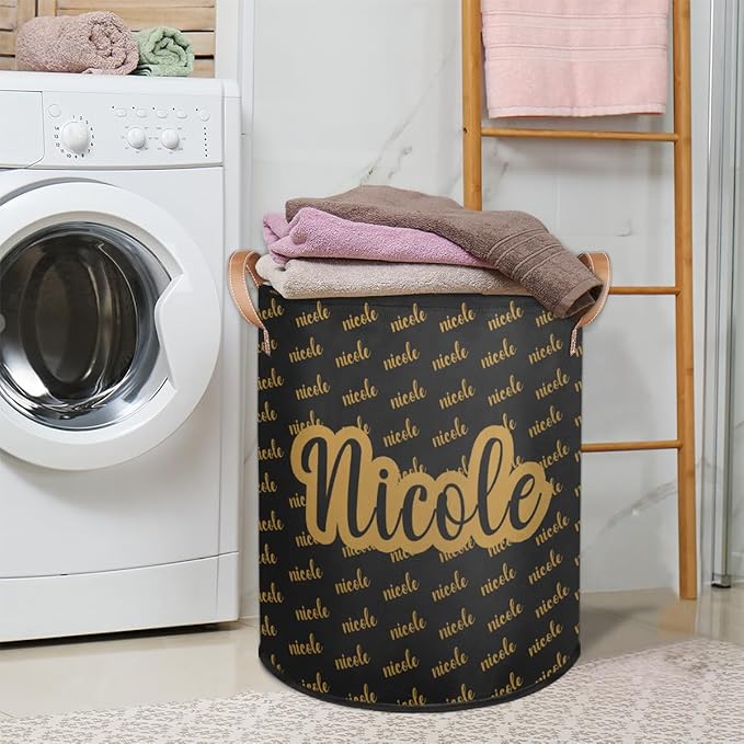 Custom Name Laundry-Hamper, Personalized Kids-Clothes-Hamper Foldable with Name, Customized Storage Basket with Handles Waterproof Gift for Boys Girls Baby Women,Black Yellow