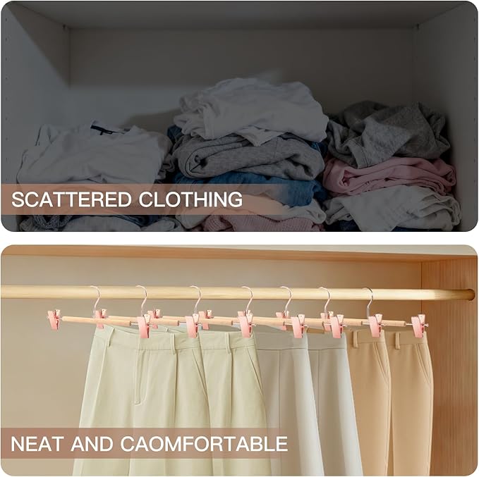 Wooden Pants Hangers with Clips 12 Pack, Heavy Duty Adjustable Clip Non Slip Skirt Hanger for Jeans, Trousers, Short, Clothes, Space Saving Closet Organizer (Rose Gold, 12 Pack)