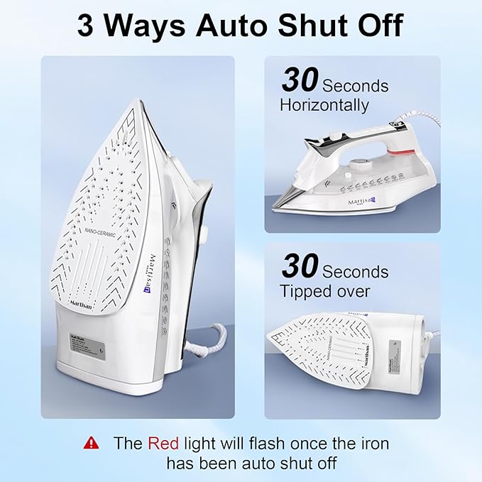 Martisan Steam Iron for clothes, 1800W, Nano Ceramic Soleplate, Dynamic Steam Burst, Precise Thermostat for All Fabrics, Auto-off, Fast Heating, Self-Clean, 4-in-1 Iron, Anti-Drip, Anti-Calc, White