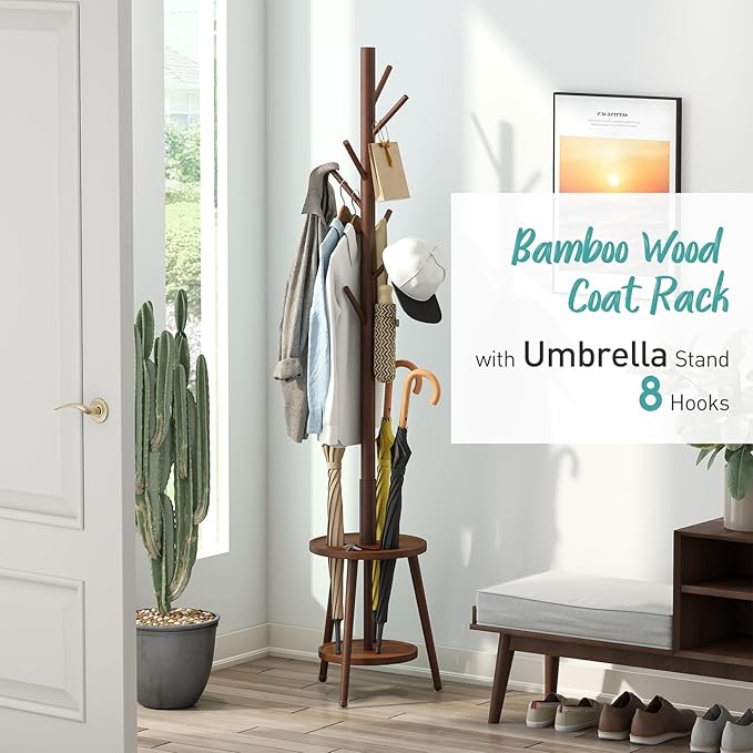 Coat Rack, Bamboo Wood Coat Freestanding with Umbrella Holder, Adjustable Height Coat Stand with 8 Hooks, kids coat rack, Used In The Bedroom Living Room, Office To Hang Clothes, Hats, Bags (Brown)