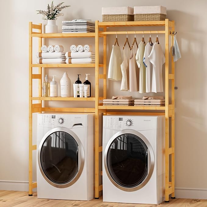 Over The Washer and Dryer Storage Shelf Bamboo,5 Tiers Laundry Room Drying Rack with Adjustable Shelves and 4 Hooks,Space Saver Organizer for Hanging Clothes and Towels (Natural)