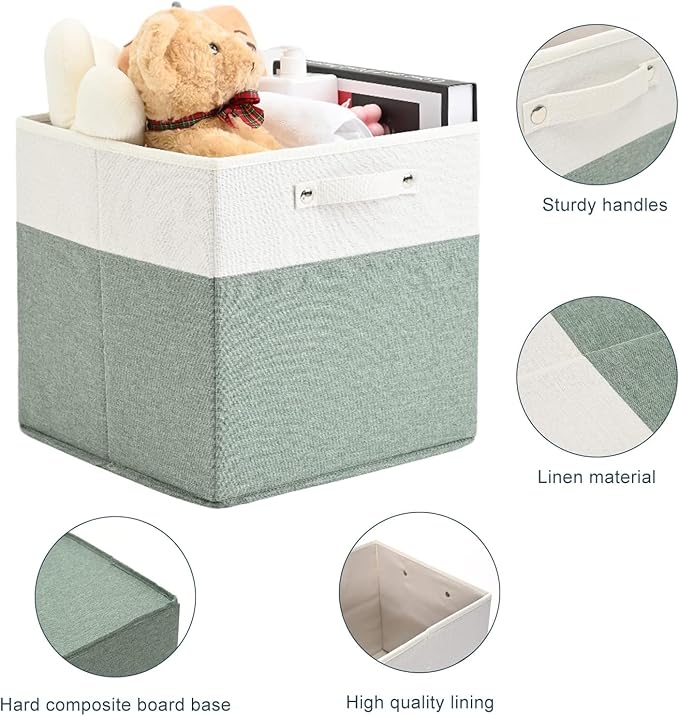 13 x 13 Inch Fine Linen Storage Bins with Handles，Fabric Cube Boxs，Basket Organizers for Shelves for Home, Closet Drawers (White/Green-6 Pack)
