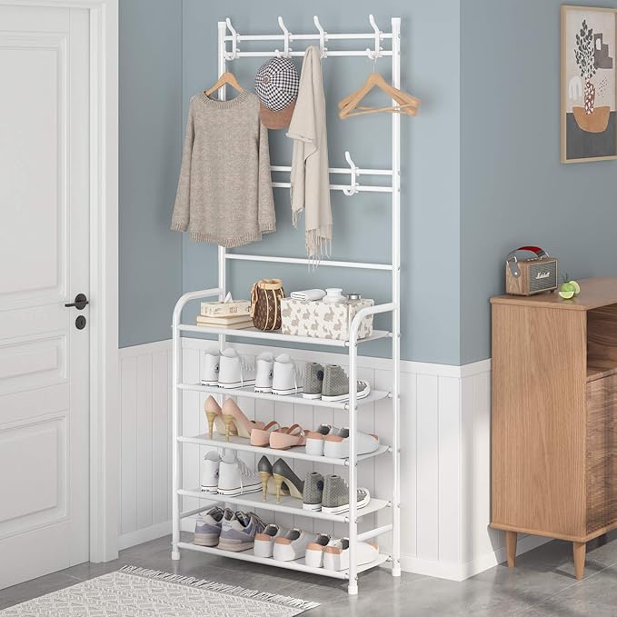 UDEAR Entryway Coat Rack - Large Space, 5-Tier Shoe Storage, Hanging & Storage, 15-20 Pairs, Multifunctional White Hanger