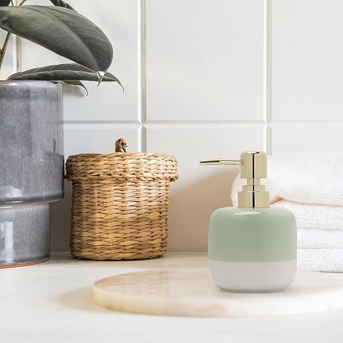 Ceramic Soap Dispenser Green and White Two Color Splicing with Gold Pump,Simple Design Cylindrical Lotion Dispenser Bottle,Refillable Liquid for Kitchen,Bathroom,Washroom