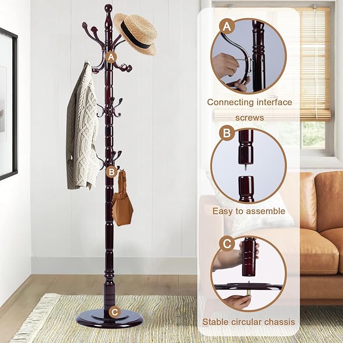 Solid Wood Coat Rack, Free Standing Hall Coat Tree with 14 Hooks, 3 Height Options, 300lbs Load, Stury Base, Clothes Rack for Entryway, Hallway, Bedroom (Disc Base - Ruyi)