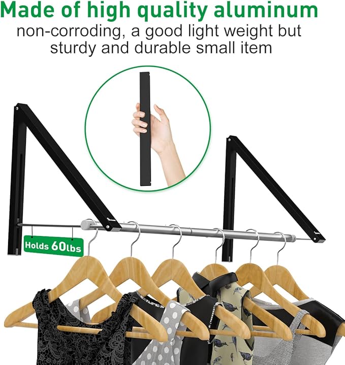Retractable Clothes Rack - Wall Mounted Folding Clothes Hanger Drying Rack for Laundry Room Closet Storage Organization, Aluminum, 2 Racks with Rod (Black)