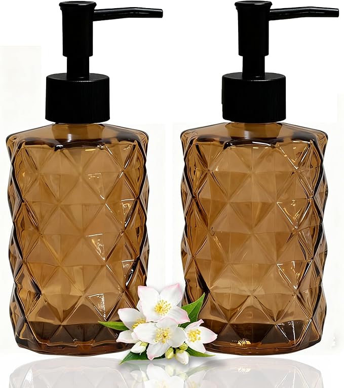 Brown Soap Dispenser, 12oz Black Pump Green Glass Soap Dispenser, Refillable Hand Liquid Dispenser Set, Lotion Dish Dispenser for Modern Home Decor, Bathroom, Kitchen Countertop(2 Pack)