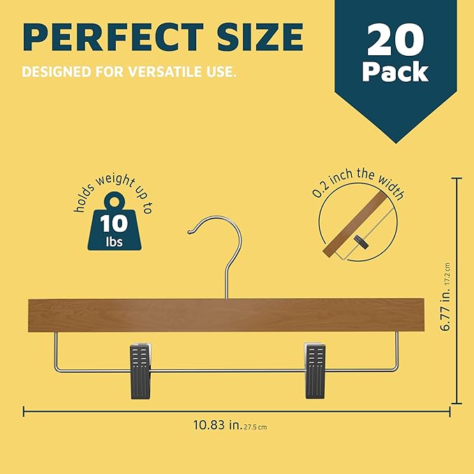 Natural Color Wooden Pants Hangers 20 Pack, Lotus Wood Hanger with Adjustable Non-Slip Clips, Heavy Duty 10 lb Capacity, 360° Swivel Hook, Slim, Space-Saving Design for Slacks, Jeans, Skirts