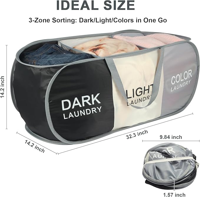 Seefoo 3-Section Foldable Hamper for Laundry, Collapsible Laundry Baskets with Easy Carry Handles, Space-Saving Clothes Pop Up Hamper with Dark/Light/Color Sorting Labels for Home, Travel, Dorm