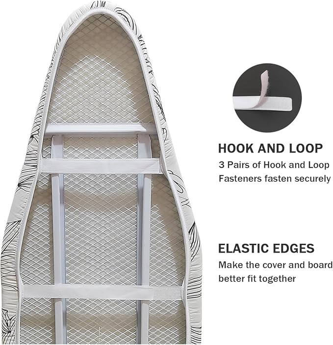 Ironing Board Cover and Pad Standard Size 15" x 54",3 Pairs of Hook and Loop Fastener Straps,Elastic Edges,Cotton Iron Board Cover with Scorch Resistant Thick Padding(Line Flower)