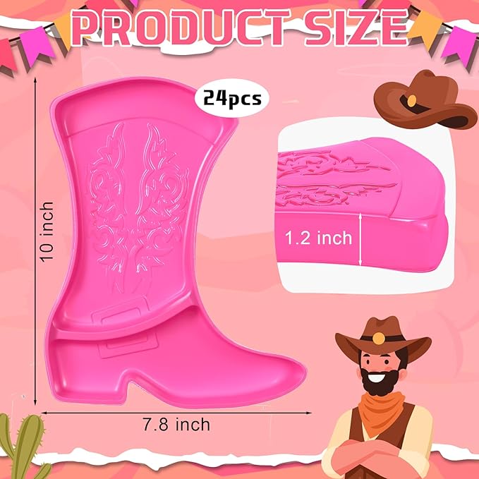 Uiifan 24 Pcs Cowboy Boot Party Serving Trays, Disposable Plastic Compartment Plates Boot Shaped Plates Western Theme Party Decorations Tableware for Cowboy Cowgirl Birthday Supplies(Pink)