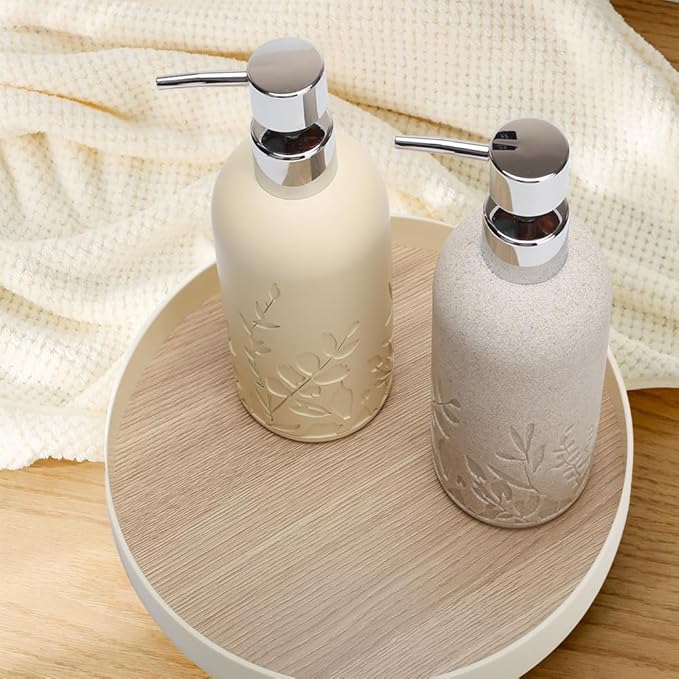 2pcs Hand Soap Dispenser Set, Sandstone Textured Resin Liquid Soap Dispensers for Bathroom Countertop, Heavy & Sturdy Dish Wash Soap Dispenser for Kitchen, Matte Beige