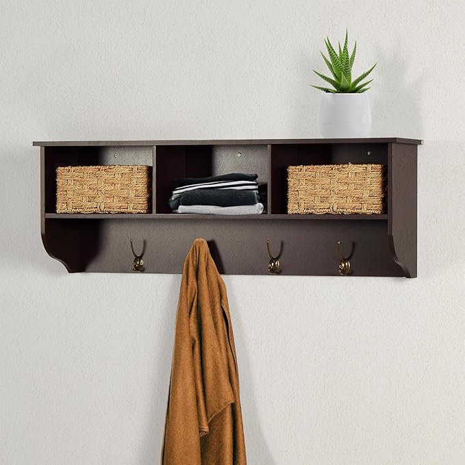 38.6" Contemporary Wall Mounted Coat Rack, Entryway Hanging Coat Rack with 3 Shelves, Wall Shelf with 4 Dual Hooks for Hallway, Living Room, Bedroom (Espresso)