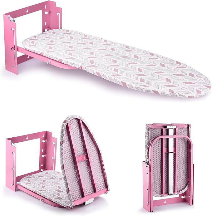 Wall Mounted Ironing Board Adjustable Height, 36 x 12 Inch Fold Away Iron Board Wall Mount Space-Saving Ironing Board with Removable Heat Resistant Cover for Small Spaces Home Laundry Room Pink