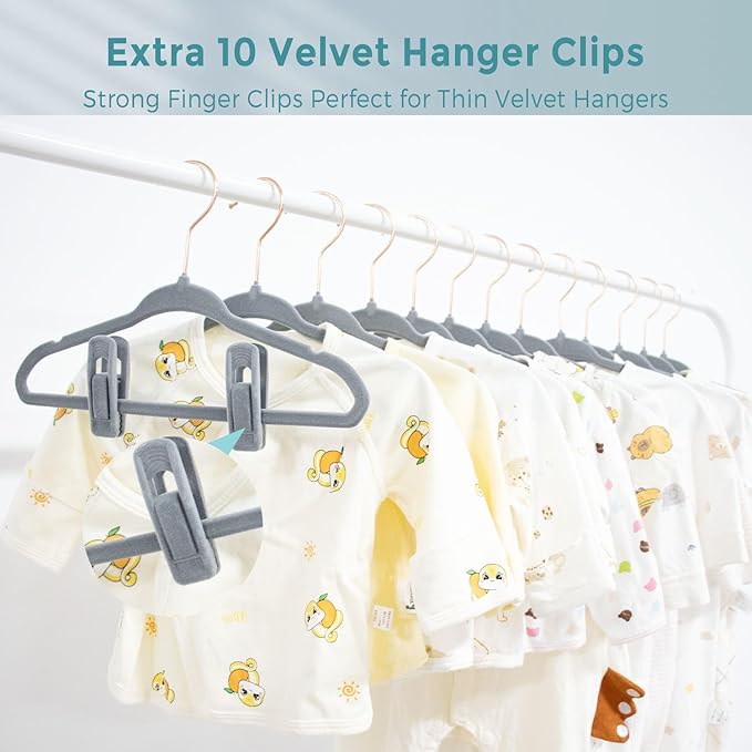 Baby Velvet Hangers 50 Pack - 11 Inch Non-Slip Felt Kids Hanger for Newborn Clothes - Small Toddler Child Hangers Durable for Every Use - 10 Hanger Clips Included, Gray