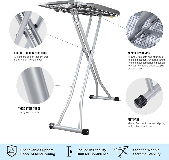oleaf Ironing Board with Cover and Thicken Pad 43 x 13 Height Adjustable Full Size Foldable Iron Board with Iron Rest, Stable Steel Legs, Metal Construction, Heat Resistant, Silver