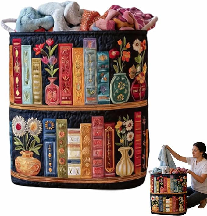 Quilted Laundry Basket, Quilted Laundry Basket with Handles, Boho Fabric Floral Storage, For Bedroom Laundry (#01, 14"L x 14"W x 18"H)