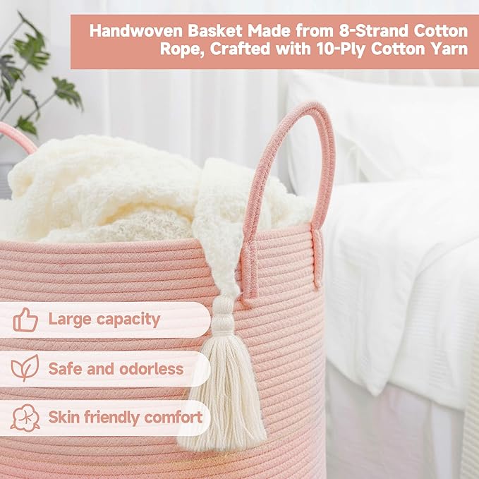 CLHMILY&Z Laundry Hamper Round Storage Rope Basket in Living Room, Bedroom, Laundry Room for Toy, Clothes, Blanket, Pillow (Pink, 60L)