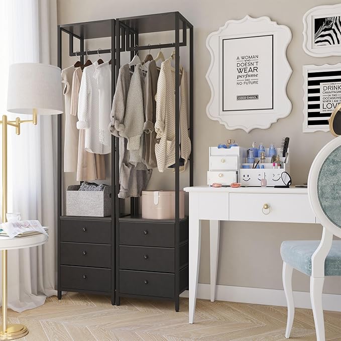 YMYNY Coat Racks, Clothes Rack with Drawers, Freestanding Tall Closet Organizer with 3 Fabric Drawers, Clothes Stand for Hanging Shirts, Coat,15.35" L×11.41" W×70.47" H, Black UHGR001B