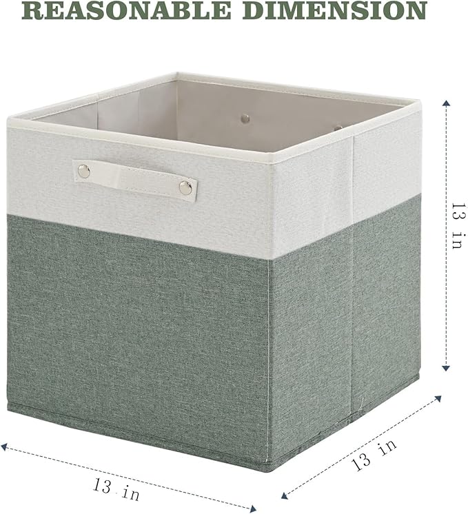 13 x 13 Inch Fine Linen Storage Bins with Handles，Fabric Cube Boxs，Basket Organizers for Shelves for Home, Closet Drawers (White/Green-6 Pack)