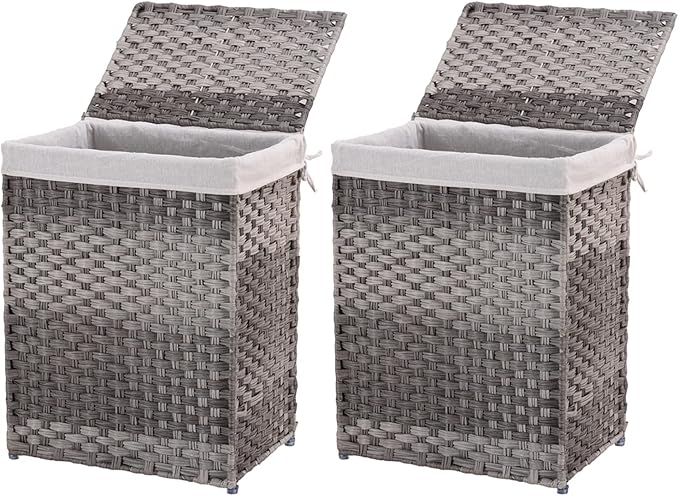 Mxfurhawa Slim Laundry Basket on Wheels, Heavy Duty Cotton Liner Laundry Storage Hamper with Handles, Collapsible Clothes Wire Basket Organizer Laundry Bag (2PCS-02A)