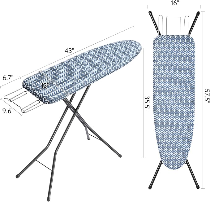 APEXCHASER Ironing Board Full Size, Iron Board with Ironrest, Lightweight Iron Table Stand Adjustable Height, Foldable Iron and Ironing Boards Set with Thick Padding, Sturdy Metal Legs, Blue 43x13