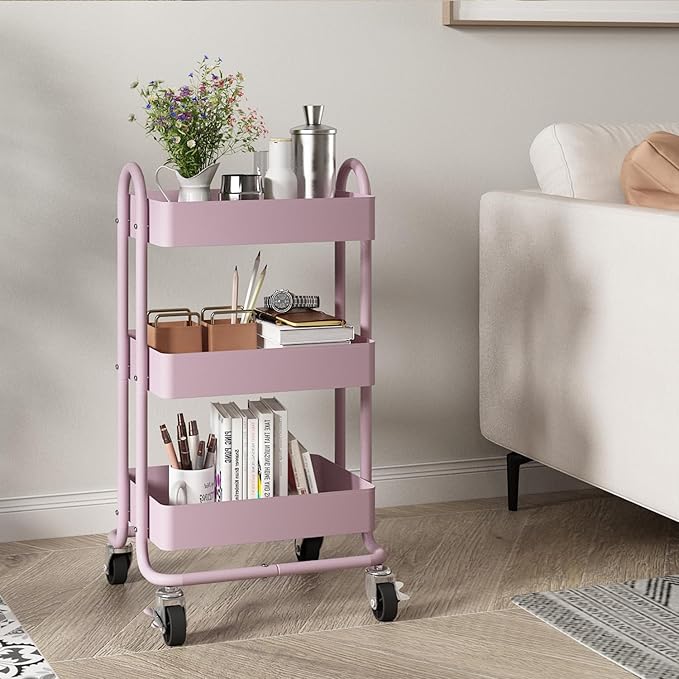 3-Tier Utility Rolling Cart,Kitchen Storage Carts with Wheels,Pink Metal Rolling Cart for Office,Home,Kitchen,Garden（13.4"x18.1"x31"） Pink