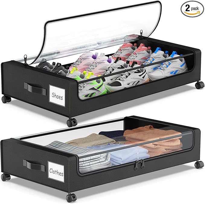 Under Bed Storage with Wheels, 2-Pack Underbed Storage Containers with Clear Lids, Under Bed Shoe Storage Organizer, Rolling Under the Bed Storage Bins for Clothes Shoes Blankets (Black)