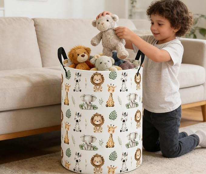ESSME Kids Laundry Basket,Aniaml Hamper Collapsible Canvas Waterproof Storage Bin for Boys, Cute Hamper,Gift Baskets(Cute animal)