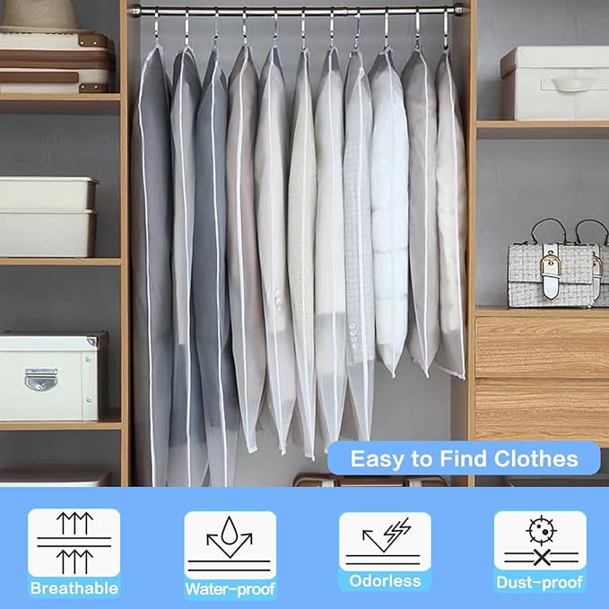 Garment Bags for Hanging Clothes (24''X48'' Set of 12) Suit Bags for Closet Storage Plastic Waterproof Suit Cover Bags with Zipper for Suit, Sweaters, Coat Protector Travel Closet Clothing