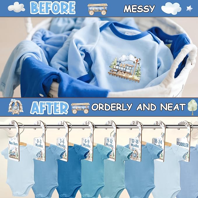 Baby Closet Dividers 8PCS, Retro Train Themed Wooden Double-Sided Clothes Size Hanger/Organizer from Newborn to Toddler for Nursery Decor Baby Shower Birthday Gender Reveal Party Gift