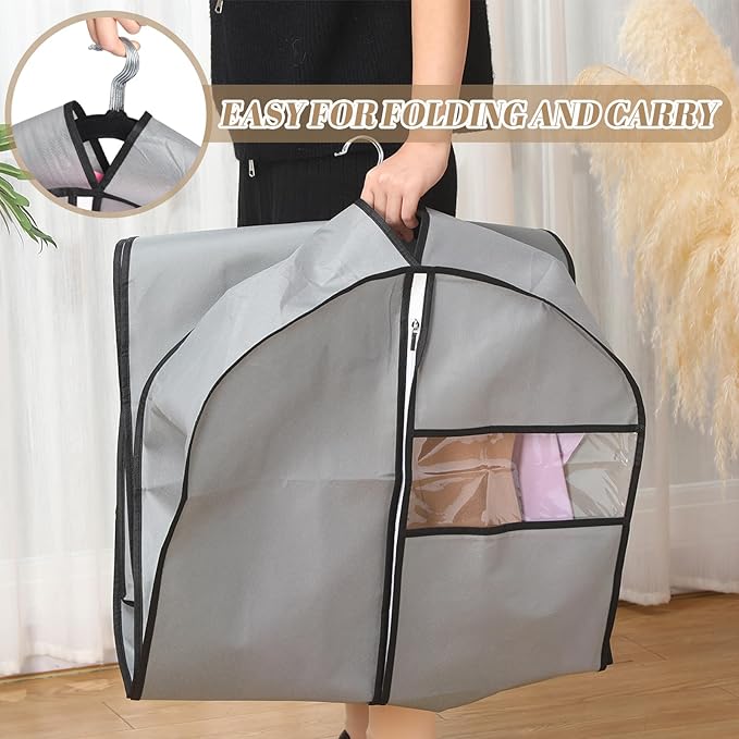 2 Pcs 10" Gusseted Garment Bags for Hanging Clothes Dress Bags for Gowns Long Closet Waterproof Garment Covers Wedding Dress Cover Traveling Clothes Protector (Grey,65 Inch)