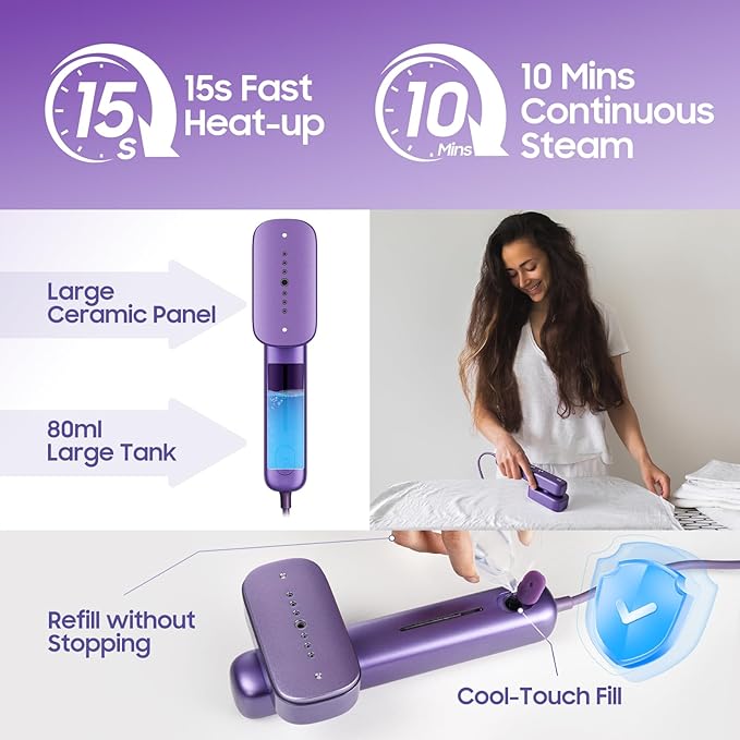 Travel Steamer for Clothes, 100–230V Dual Voltage 2-in-1 Handheld Garment Steamer & Iron, 15s Fast Heat-Up, 80ml Leak-Proof Tank, Large Ceramic Plate, Auto Shut-Off, Portable for Home & Travel