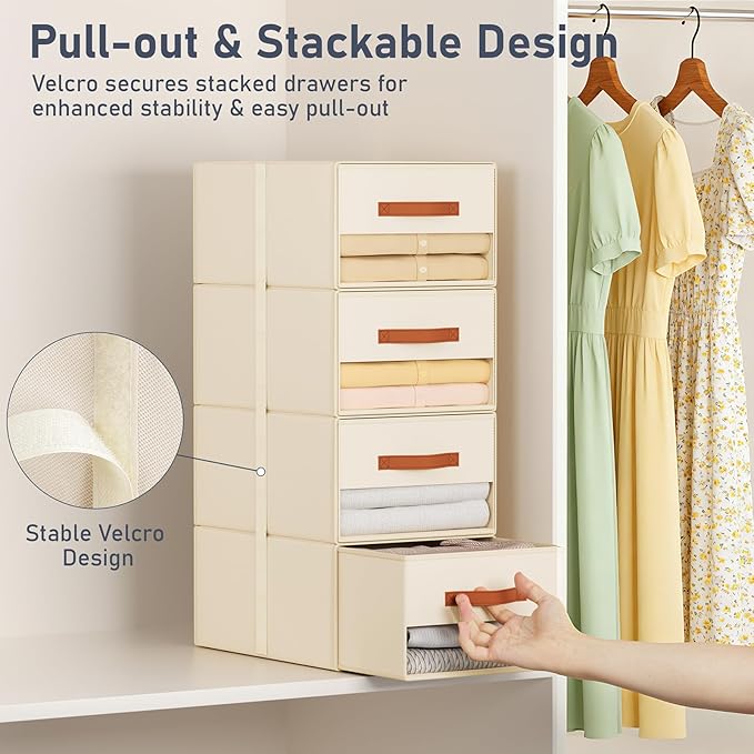 DIMJ Closet Organizers and Storage - Pull-out Fabric Bins with Drawers for Closet Foldable Clothes Organizers with Clear Window, Stackable Storage Drawers for Bedroom,Living Room,Shelf,6-Pack, Beige
