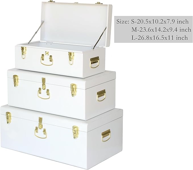 Vixdonos Decorative Box Set of 3 Metal Trunks Chest with Safety Lock Clasp for Treasure Organization and Home Dorm Decor,26.8x16.5x11Inches