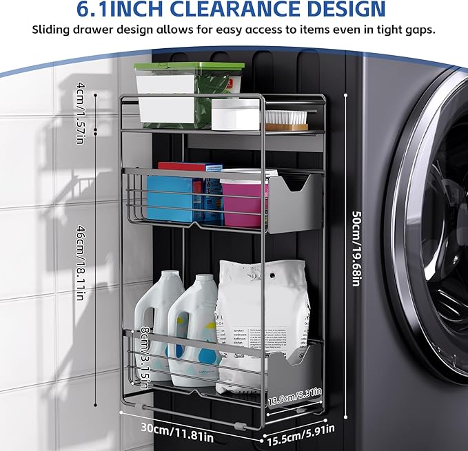 3 Tier Magnetic Shelves for Washing Machine with Pull Out Metal Drawer,Magnetic Spice Rack for Fridge,Magnetic Rack with no Installation, Versatile Storage Organizers for Home (Black, 3 Tier)