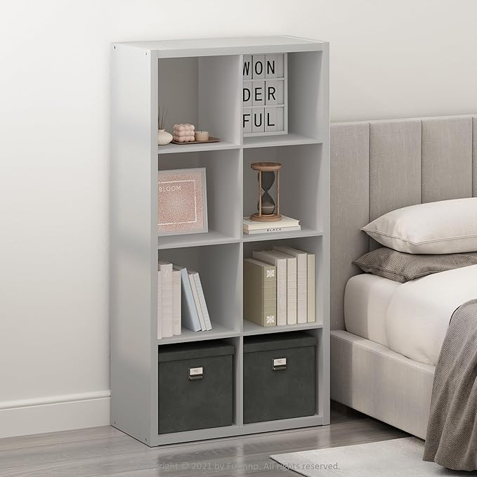 Furinno Simple Cube Storage Organizer, 8-Cube Display Shelf, Open Back Shelving Unit, Storage Shelves, Extra Thick Frame, for Organization and Storage, Living Room, Home Office, Light Grey