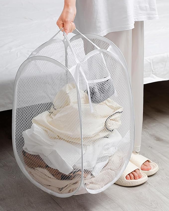 2 PCS Clothes Hampers for Laundry Stackable Divided Baskets Lightweight Room Collapsible Storage Bin 2 Packs Mesh Bags for Home, Dorm, Travel, Camping (Black & White)