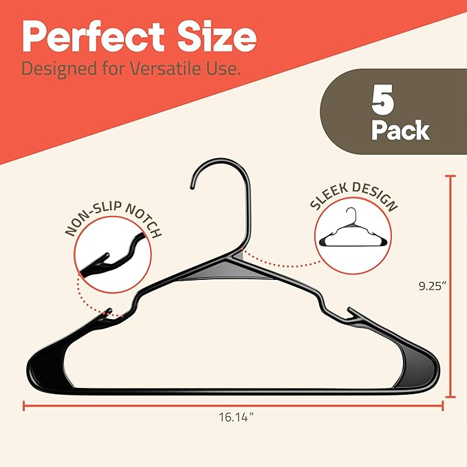 Black Plastic Hangers 5 Pack– Heavy-Duty Plastic Hangers Slim and Space-Saving, Durable and Lightweight PP with Non-Slip Shoulder Notches for Slip Dresses, Suits, Jackets & Camisoles