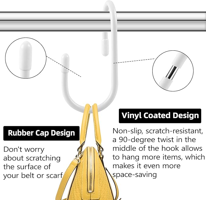 12 Pack Heavy Duty Twist Design Purse Hanger for Closet - Anti-Slip Vinyl Coated Metal 4 inch Large S Hooks, Multipurpose Organizer for Purses, Handbags, Belts, Scarves, Hats, White