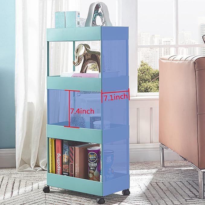 4 Tier Slim Rolling Utility Kitchen Cart Bathroom Organizer for Narrow Places Multipurpose Storage Shelve Mobile Trolley for Bedroom Laundry Office Restaurant Garage Pantry (Teal)