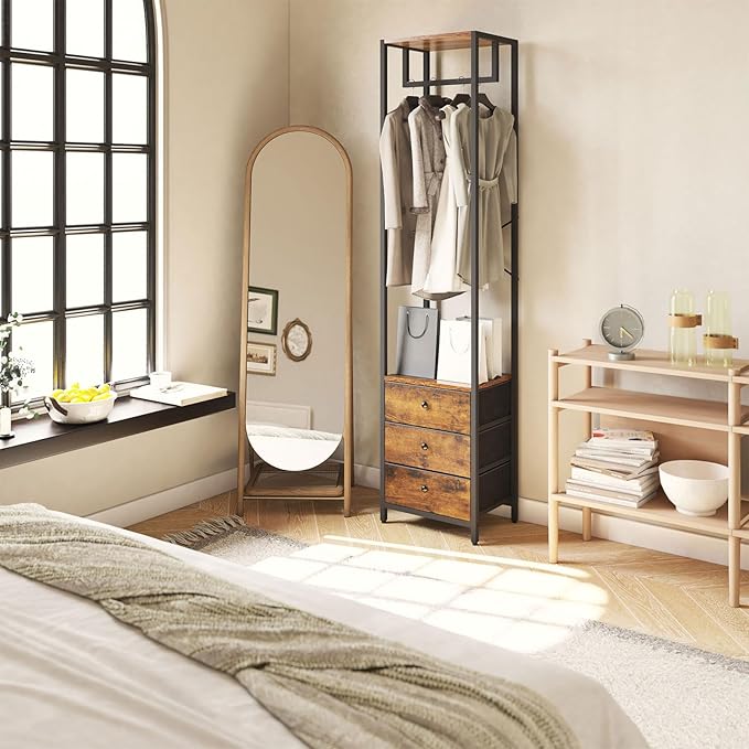YMYNY Garment Rack, Clothes Rack with Drawers, Freestanding Tall Closet Organizer with 3 Fabric Drawers, Clothes Stand for Hanging Shirts, Coat,15.35" L×11.41" W×70.47" H, Rustic Brown UHGR001H