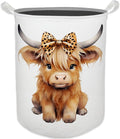 Highland Cow Baby Nursery Laundry Basket, Toybox for Girls Room, Leopard Bow Cow Laundry Basket Hamper Waterproof Collapsible Clothes Toys Storage Bin Organizer for Kids Room Playroom Bathroom