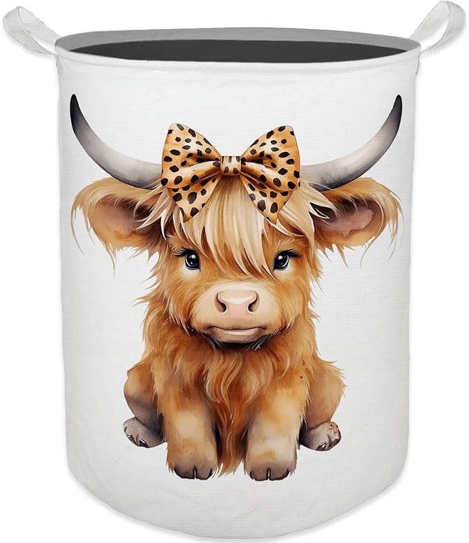 Highland Cow Baby Nursery Laundry Basket, Toybox for Girls Room, Leopard Bow Cow Laundry Basket Hamper Waterproof Collapsible Clothes Toys Storage Bin Organizer for Kids Room Playroom Bathroom