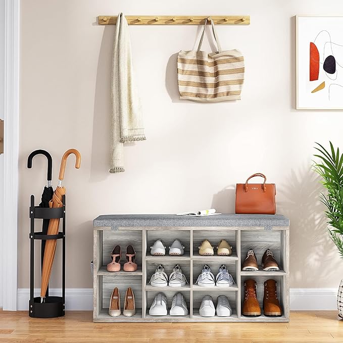 IDEALHOUSE Shoe Storage Bench with Cushion, 10 Cubbies Storage Rack Bench with Padded Seat, 41" Cubby Seat Shoe Cabinet with Adjustable Shelf for Entryway Hallway Living Room, Grey