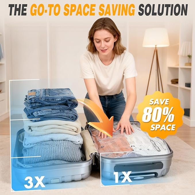 Travel Vacuum Storage Bags with Pump, Carry-on Luggage Compression Bags + Portable Electric Pump, 80% Space Saver for Clothes, Vacuum Seal Bags for Clothing Packing Travel, Pack of 12