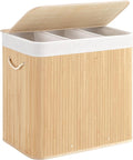 150L Laundry Hamper with lid, 3-Section Clothes Laundry Basket with Handles, Large Collapsible Bamboo Baskets for Bedroom, Bathroom, Dorm, Natural Beige